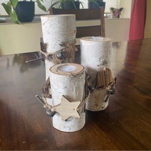Rustic Birch Candlesticks with Tea Lights, Set of 3.